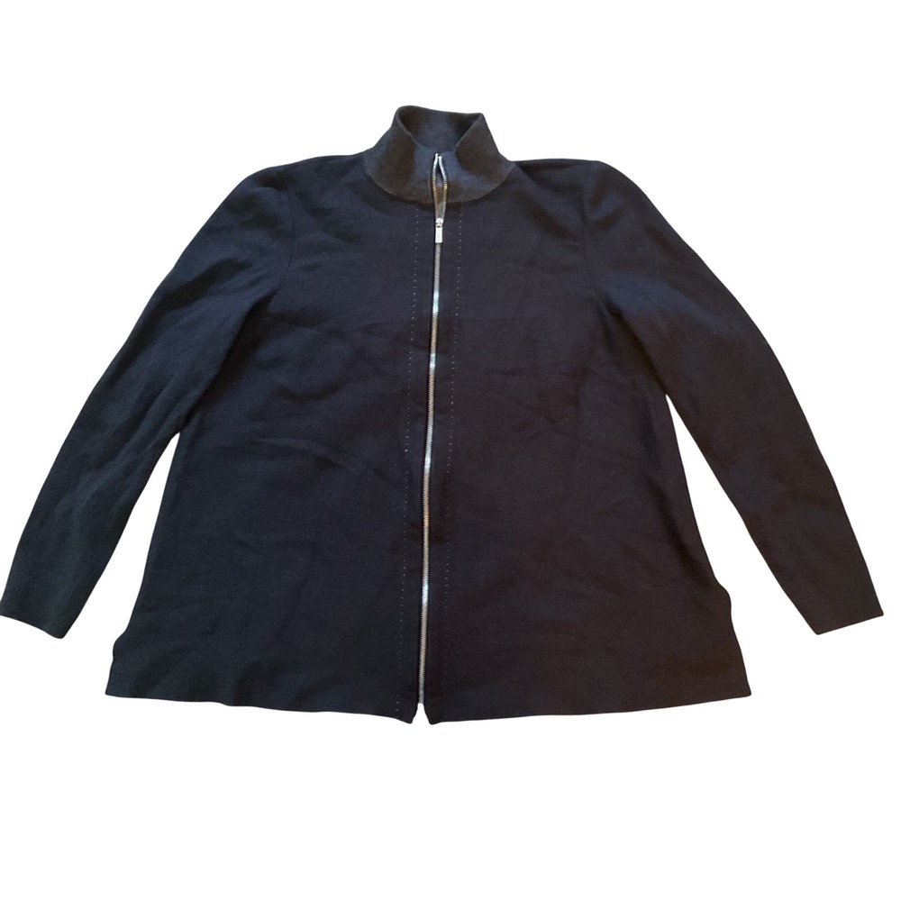 Black Full Zip Mock Neck Knit Cardigan Sweater with Contrast Grey Collar